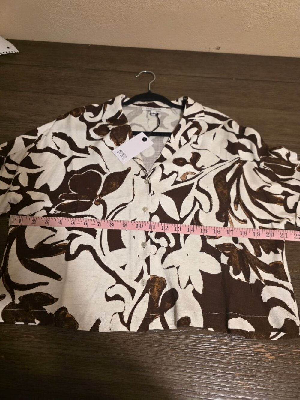 Rose + Olive Linen Blend Floral Button Up Shirt NWT Cream Brown Small - Picture 6 of 13